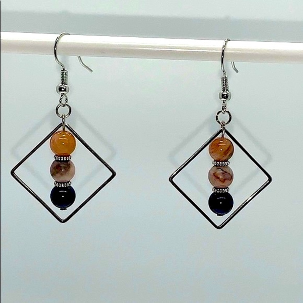 21070 Sunstone, pink zebra jasper, lapis lazuli earrings
